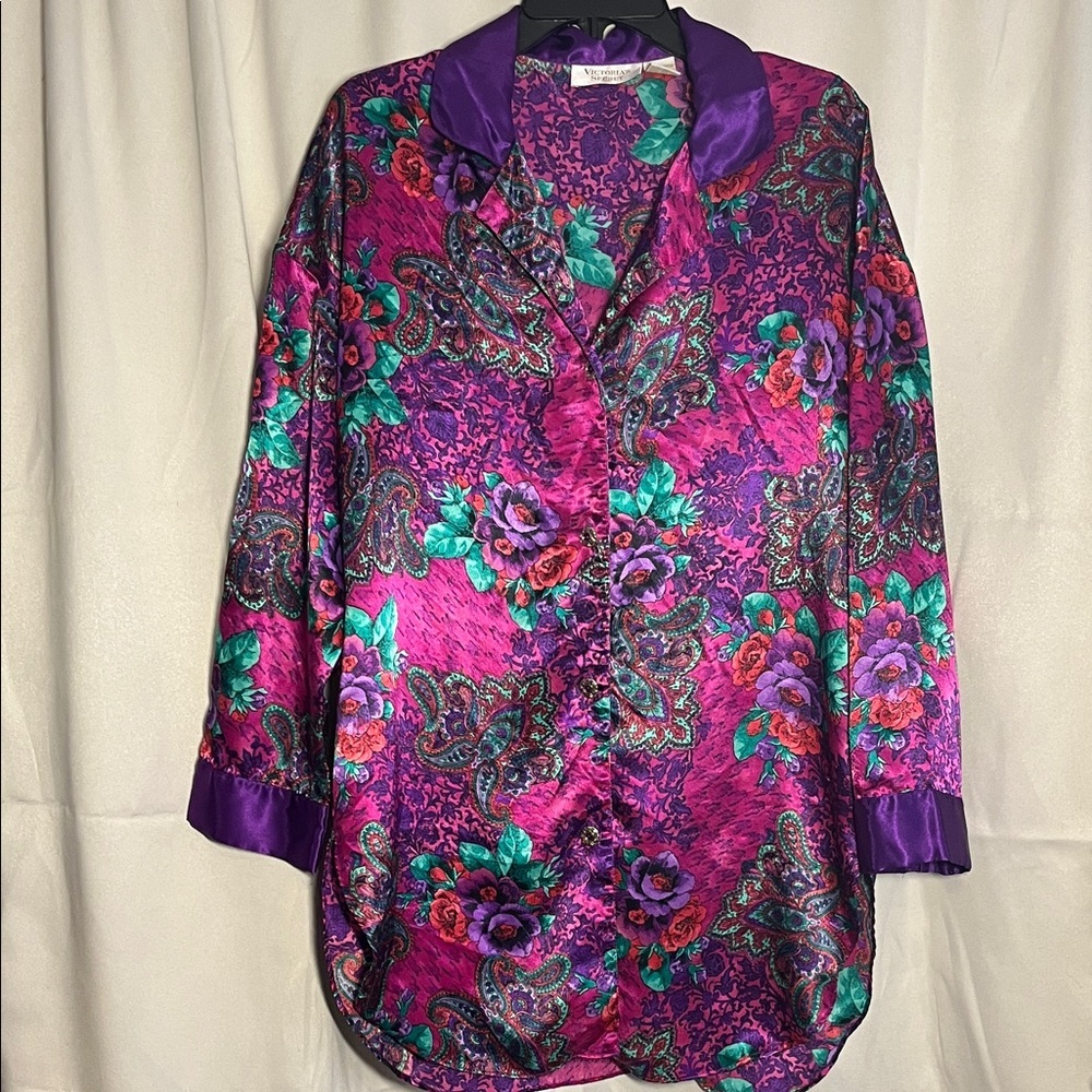 Vintage Victoria’s Secret Gold Label Floral Purple Satin Night‎ Shirt Dress P/S